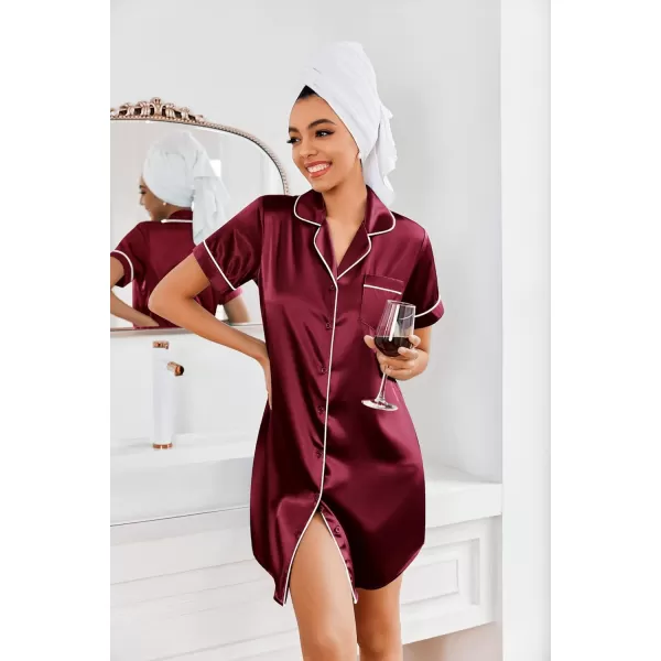 Ekouaer Womens Satin Nightshirt Button Down Sleepshirt Silk Short Sleeve Nightgown Boyfriend Notch Collar SleepwearWine Red