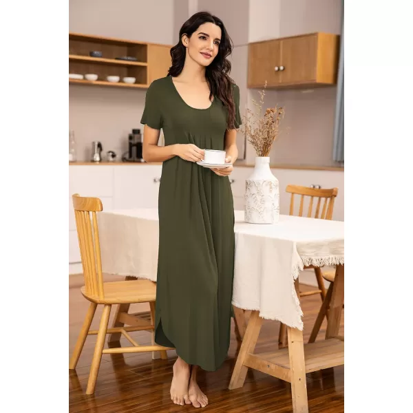 Ekouaer Womens Short Sleeve Long Nightgown Pleated Sleep Dress Soft Nightshirt Sleepwear Lounge DressesAarmy Green