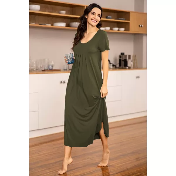 Ekouaer Womens Short Sleeve Long Nightgown Pleated Sleep Dress Soft Nightshirt Sleepwear Lounge DressesAarmy Green