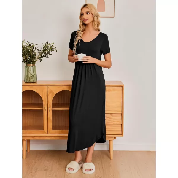 Ekouaer Womens Short Sleeve Long Nightgown Pleated Sleep Dress Soft Nightshirt Sleepwear Lounge DressesBlack