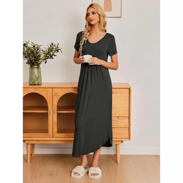 Ekouaer Womens Short Sleeve Long Nightgown Pleated Sleep Dress Soft Nightshirt Sleepwear Lounge DressesDark Grey