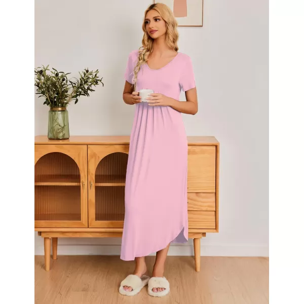 Ekouaer Womens Short Sleeve Long Nightgown Pleated Sleep Dress Soft Nightshirt Sleepwear Lounge DressesMisty Rose