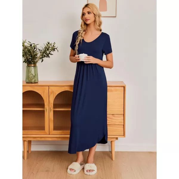 Ekouaer Womens Short Sleeve Long Nightgown Pleated Sleep Dress Soft Nightshirt Sleepwear Lounge DressesNavy Blue