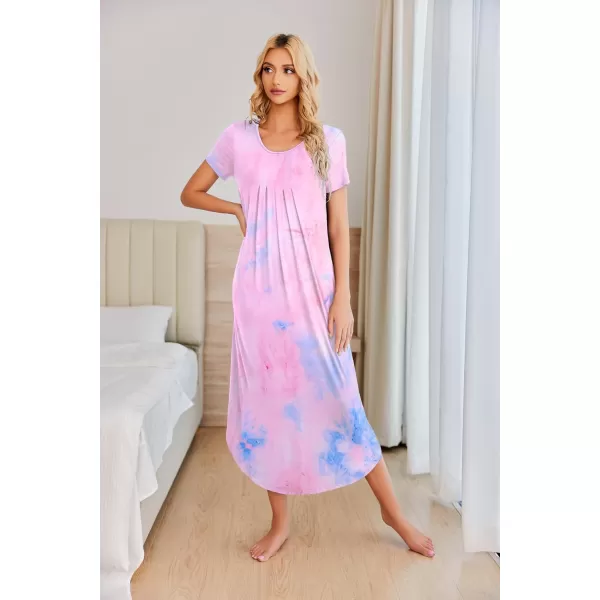 Ekouaer Womens Short Sleeve Long Nightgown Pleated Sleep Dress Soft Nightshirt Sleepwear Lounge DressesTie Dye Pink