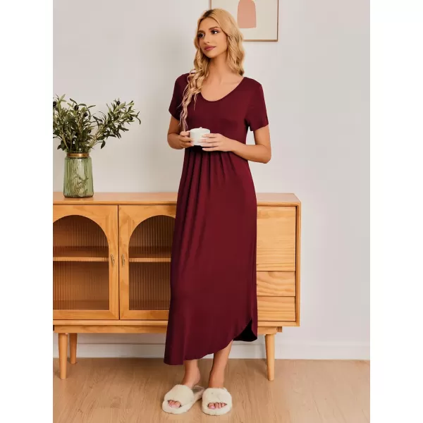 Ekouaer Womens Short Sleeve Long Nightgown Pleated Sleep Dress Soft Nightshirt Sleepwear Lounge DressesWine Red