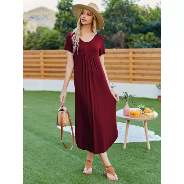 Ekouaer Womens Short Sleeve Long Nightgown Pleated Sleep Dress Soft Nightshirt Sleepwear Lounge DressesWine Red