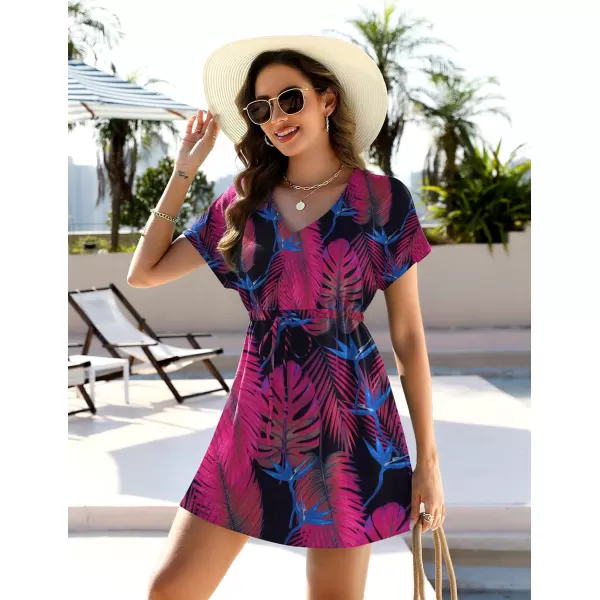 Ekouaer Womens Swimsuit Coverup Short Sleeve Beach Cover Up Dress V Neck Bikini BeachwearBlack Palm Leaf01
