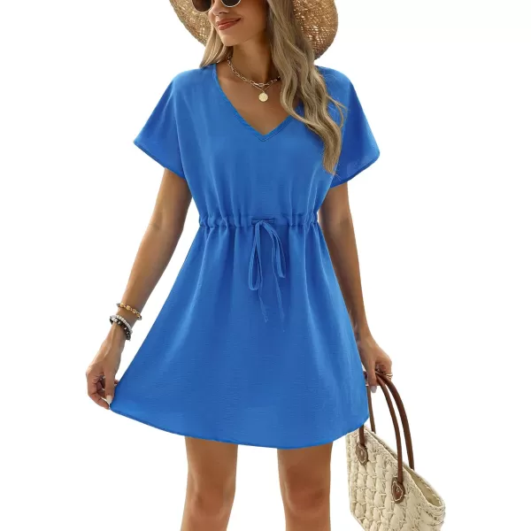 Ekouaer Womens Swimsuit Coverup Short Sleeve Beach Cover Up Dress V Neck Bikini BeachwearBlue Boho Floral01