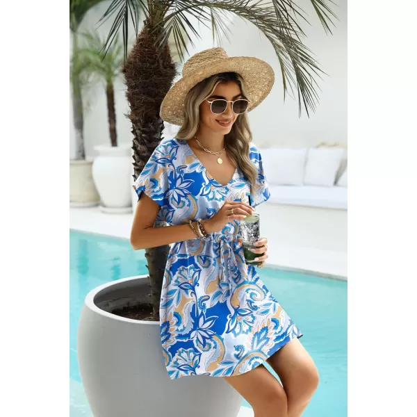 Ekouaer Womens Swimsuit Coverup Short Sleeve Beach Cover Up Dress V Neck Bikini BeachwearBlue Boho Floral01
