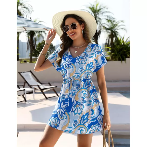 Ekouaer Womens Swimsuit Coverup Short Sleeve Beach Cover Up Dress V Neck Bikini BeachwearBlue Boho Floral01