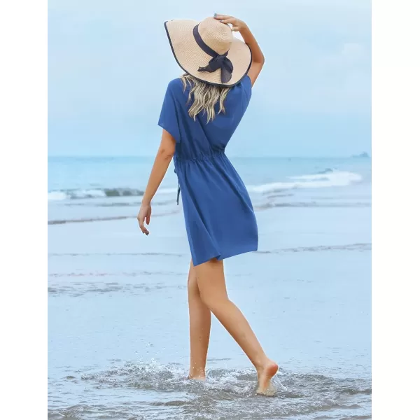 Ekouaer Womens Swimsuit Coverup Short Sleeve Beach Cover Up Dress V Neck Bikini BeachwearBlue01