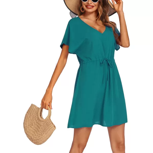 Ekouaer Womens Swimsuit Coverup Short Sleeve Beach Cover Up Dress V Neck Bikini BeachwearDark Cyan01