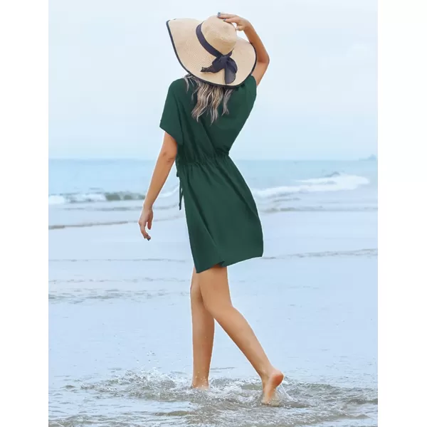 Ekouaer Womens Swimsuit Coverup Short Sleeve Beach Cover Up Dress V Neck Bikini BeachwearDark Green201