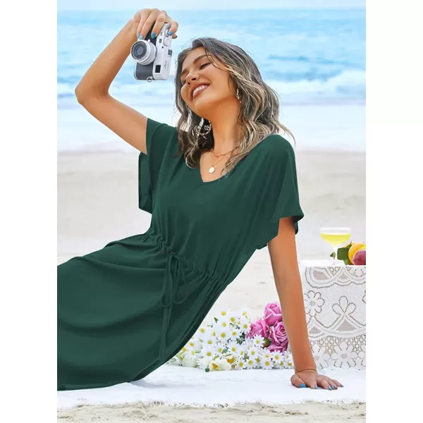 Ekouaer Womens Swimsuit Coverup Short Sleeve Beach Cover Up Dress V Neck Bikini BeachwearDark Green201