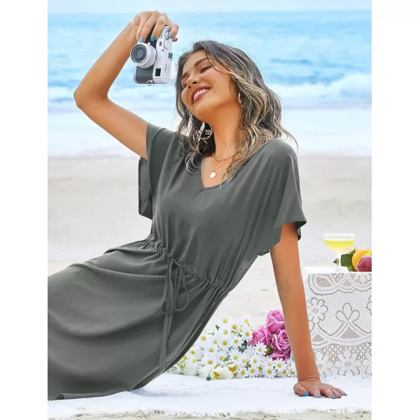 Ekouaer Womens Swimsuit Coverup Short Sleeve Beach Cover Up Dress V Neck Bikini BeachwearGrey201