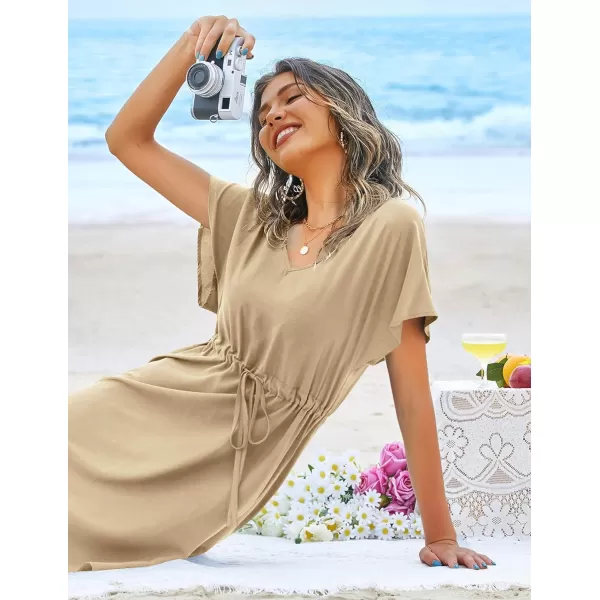 Ekouaer Womens Swimsuit Coverup Short Sleeve Beach Cover Up Dress V Neck Bikini BeachwearKhaki201