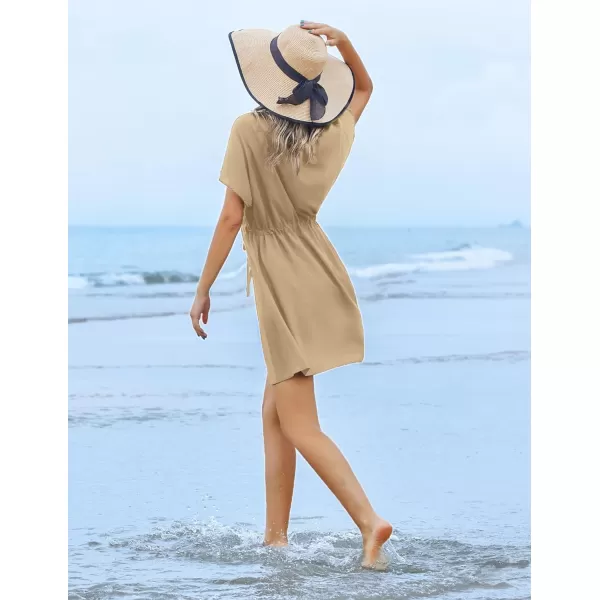 Ekouaer Womens Swimsuit Coverup Short Sleeve Beach Cover Up Dress V Neck Bikini BeachwearKhaki201