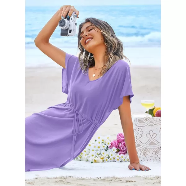 Ekouaer Womens Swimsuit Coverup Short Sleeve Beach Cover Up Dress V Neck Bikini BeachwearLavender01