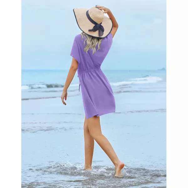 Ekouaer Womens Swimsuit Coverup Short Sleeve Beach Cover Up Dress V Neck Bikini BeachwearLavender01