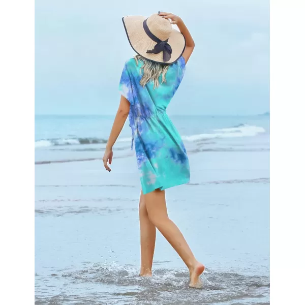 Ekouaer Womens Swimsuit Coverup Short Sleeve Beach Cover Up Dress V Neck Bikini BeachwearMarine Tie Dye01