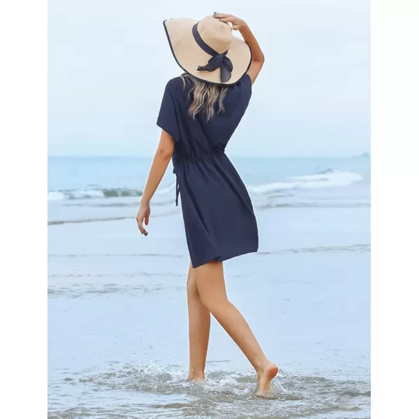 Ekouaer Womens Swimsuit Coverup Short Sleeve Beach Cover Up Dress V Neck Bikini BeachwearNavy Blue201