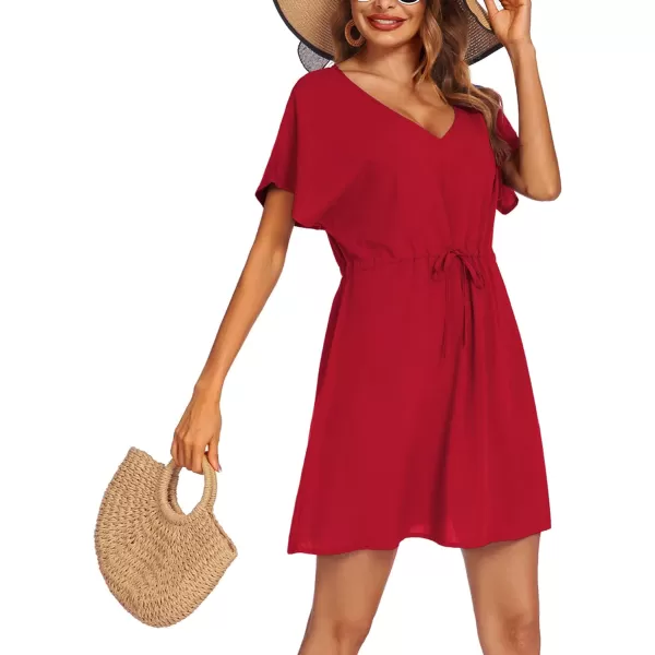 Ekouaer Womens Swimsuit Coverup Short Sleeve Beach Cover Up Dress V Neck Bikini BeachwearRed01