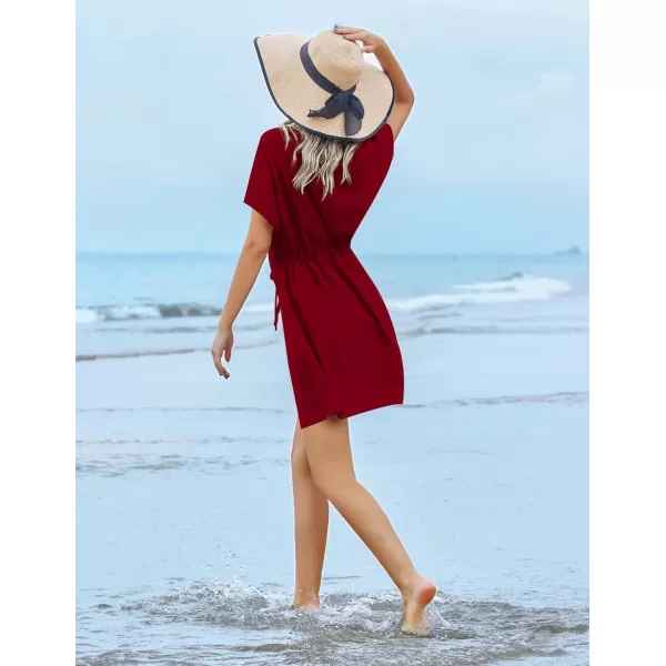 Ekouaer Womens Swimsuit Coverup Short Sleeve Beach Cover Up Dress V Neck Bikini BeachwearWine Red01