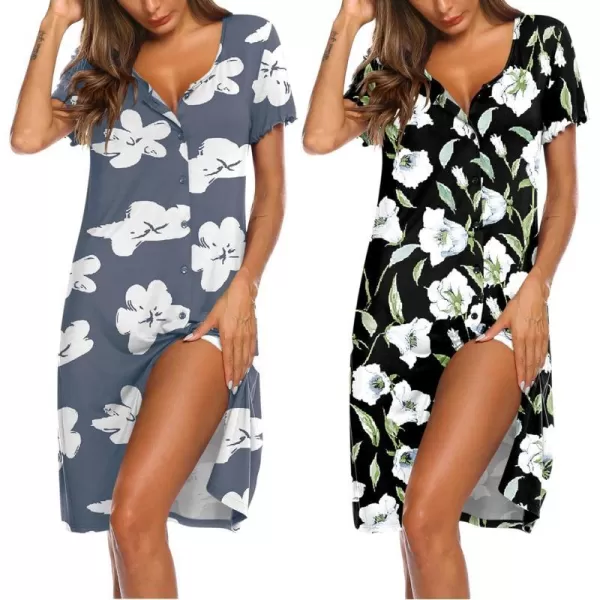 Ekouaer 2 Pack Nightgowns for Women Button Down Night Shirts Short Sleeve Sleep Shirts V Neck Sleepwear Pajama DressGp10cloudsflowers