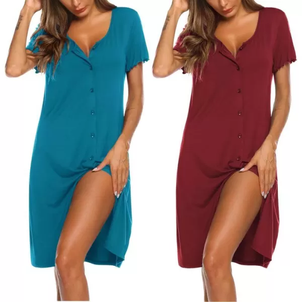 Ekouaer 2 Pack Nightgowns for Women Button Down Night Shirts Short Sleeve Sleep Shirts V Neck Sleepwear Pajama DressGp1blue Greenwine Red