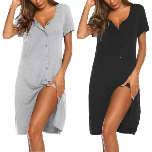 Ekouaer 2 Pack Nightgowns for Women Button Down Night Shirts Short Sleeve Sleep Shirts V Neck Sleepwear Pajama DressGp2blacklight Grey