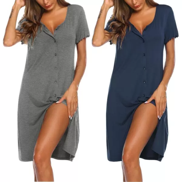 Ekouaer 2 Pack Nightgowns for Women Button Down Night Shirts Short Sleeve Sleep Shirts V Neck Sleepwear Pajama DressGp3navy Bluegrey