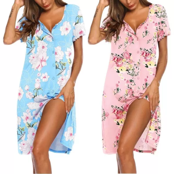 Ekouaer 2 Pack Nightgowns for Women Button Down Night Shirts Short Sleeve Sleep Shirts V Neck Sleepwear Pajama DressGp4blue Flowerspink Flowers