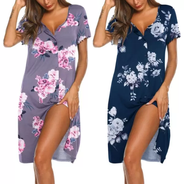 Ekouaer 2 Pack Nightgowns for Women Button Down Night Shirts Short Sleeve Sleep Shirts V Neck Sleepwear Pajama DressGp5navy Flowersgrey Flowers