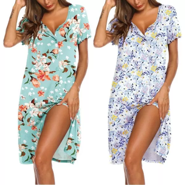 Ekouaer 2 Pack Nightgowns for Women Button Down Night Shirts Short Sleeve Sleep Shirts V Neck Sleepwear Pajama DressGp6green Flowersblue Flowers