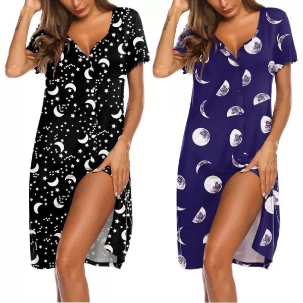 Ekouaer 2 Pack Nightgowns for Women Button Down Night Shirts Short Sleeve Sleep Shirts V Neck Sleepwear Pajama DressGp7starsmoon