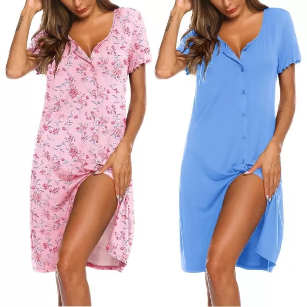 Ekouaer 2 Pack Nightgowns for Women Button Down Night Shirts Short Sleeve Sleep Shirts V Neck Sleepwear Pajama DressGp8bluepink Flowers