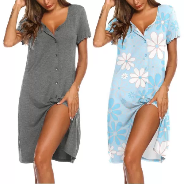 Ekouaer 2 Pack Nightgowns for Women Button Down Night Shirts Short Sleeve Sleep Shirts V Neck Sleepwear Pajama DressGp9greyblossom