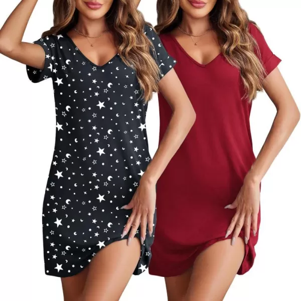 Ekouaer 2 Pack Nightgowns for Women Short Sleeve Sleepwear V Neck Sleepshirt SolidPrinted Night Dress With PocketsBlack Star  Wine Red