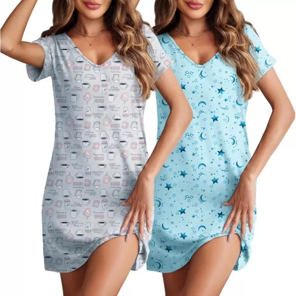 Ekouaer 2 Pack Nightgowns for Women Short Sleeve Sleepwear V Neck Sleepshirt SolidPrinted Night Dress With PocketsCoffee  Star Print