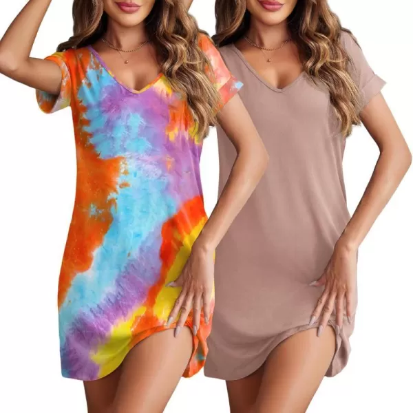 Ekouaer 2 Pack Nightgowns for Women Short Sleeve Sleepwear V Neck Sleepshirt SolidPrinted Night Dress With PocketsDusty Rose  Tie Dye