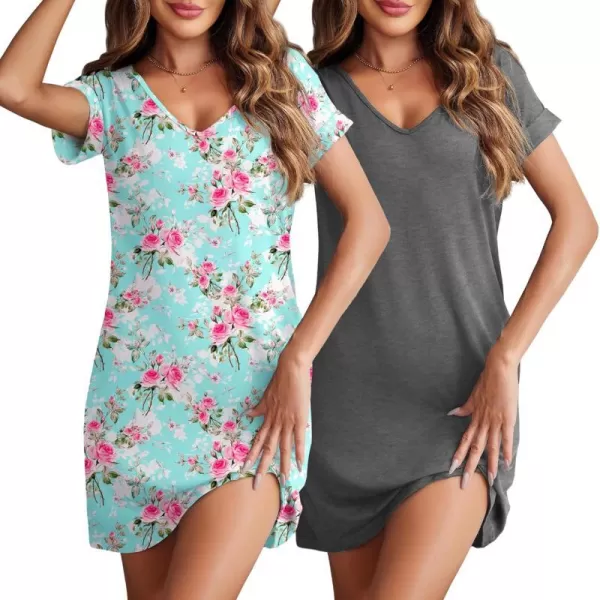 Ekouaer 2 Pack Nightgowns for Women Short Sleeve Sleepwear V Neck Sleepshirt SolidPrinted Night Dress With PocketsGrey  Rose Flower