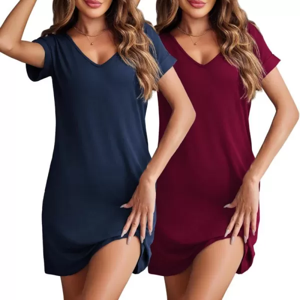 Ekouaer 2 Pack Nightgowns for Women Short Sleeve Sleepwear V Neck Sleepshirt SolidPrinted Night Dress With PocketsNavy Blue  Wine Red