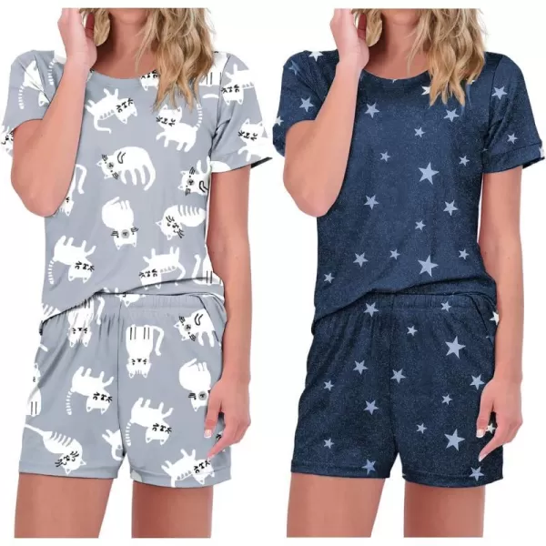 Ekouaer 2 Pack Pajama Sets Womenss Short Sleeve Tops with Shorts Comfy Pjs Casual Lounge Sets Sleepwear with Pockets1starcat