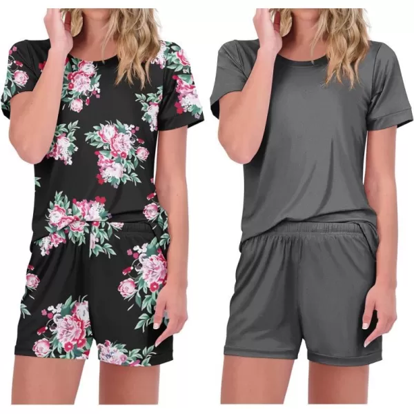 Ekouaer 2 Pack Pajama Sets Womenss Short Sleeve Tops with Shorts Comfy Pjs Casual Lounge Sets Sleepwear with PocketsBlack FloralGrey