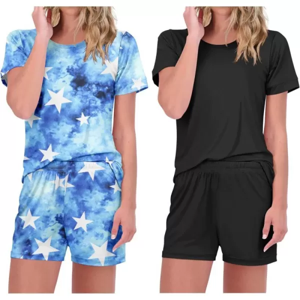 Ekouaer 2 Pack Pajama Sets Womenss Short Sleeve Tops with Shorts Comfy Pjs Casual Lounge Sets Sleepwear with PocketsBlacktie Dye Star