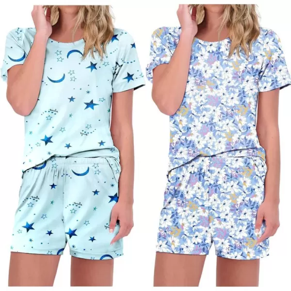 Ekouaer 2 Pack Pajama Sets Womenss Short Sleeve Tops with Shorts Comfy Pjs Casual Lounge Sets Sleepwear with PocketsBlue StarFloral