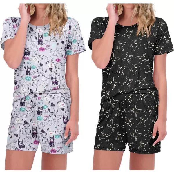 Ekouaer 2 Pack Pajama Sets Womenss Short Sleeve Tops with Shorts Comfy Pjs Casual Lounge Sets Sleepwear with PocketsDogCat