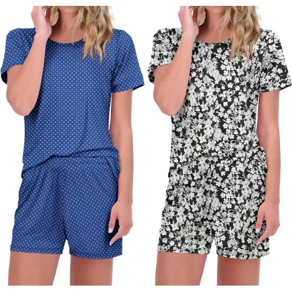 Ekouaer 2 Pack Pajama Sets Womenss Short Sleeve Tops with Shorts Comfy Pjs Casual Lounge Sets Sleepwear with PocketsDotBlack Floral