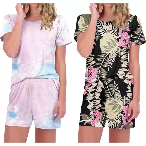 Ekouaer 2 Pack Pajama Sets Womenss Short Sleeve Tops with Shorts Comfy Pjs Casual Lounge Sets Sleepwear with PocketsLeaf Tie Dye Pink