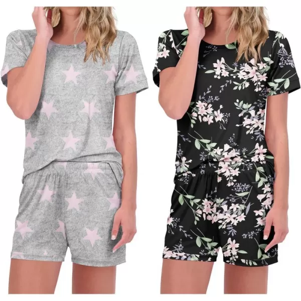 Ekouaer 2 Pack Pajama Sets Womenss Short Sleeve Tops with Shorts Comfy Pjs Casual Lounge Sets Sleepwear with PocketsPink Satrblack Floral